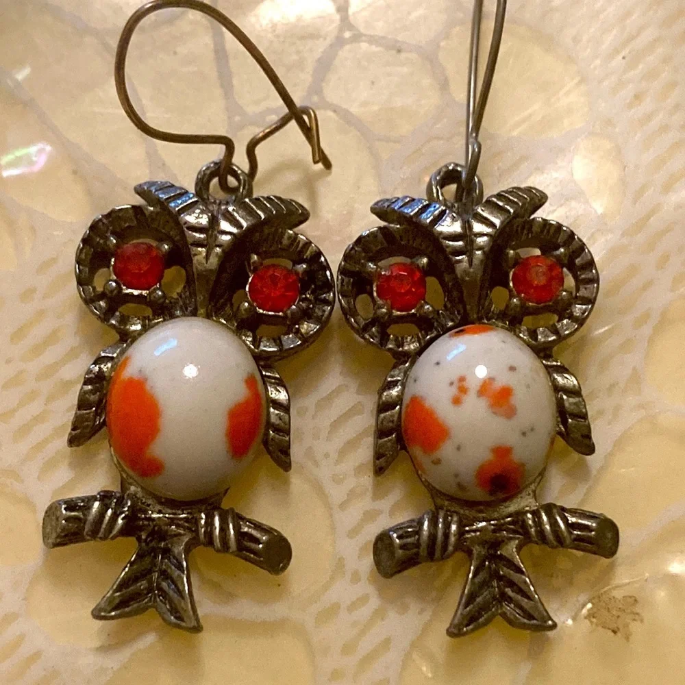 Vintage Owl Drop Earrings with White and Orange Stone Accents